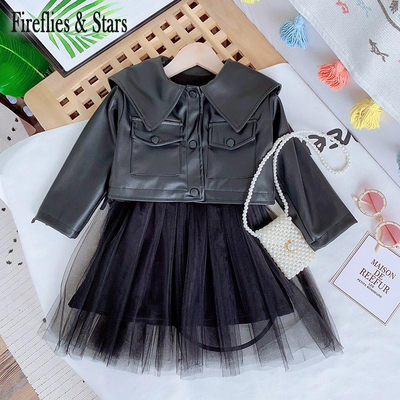 

Spring Autumn girls 2 pcs set baby PU Jacket + tutu dress kids suits children clothes ins faux leather layered mesh 4 to 14 yrs, Black