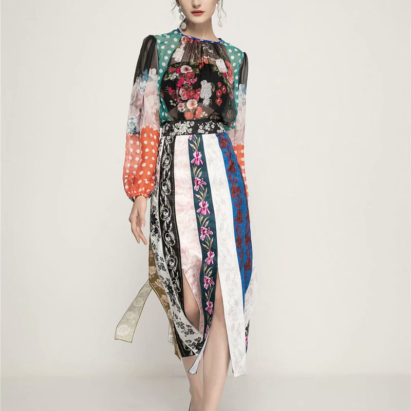 

Spring New Retro Style Printing Long Sleeves Self-cultivation Blouse Cleft Temperament Half Skirt Suit High Quality Xmj3, Multiple