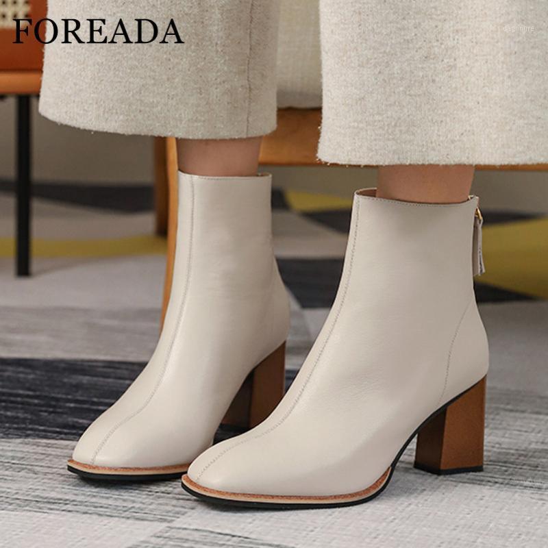 

FOREADA High Heel Woman Boots Natural Genuine Leather Ankle Boots Zip Thick Heel Shoes Square Toe Female Short Beige Black1
