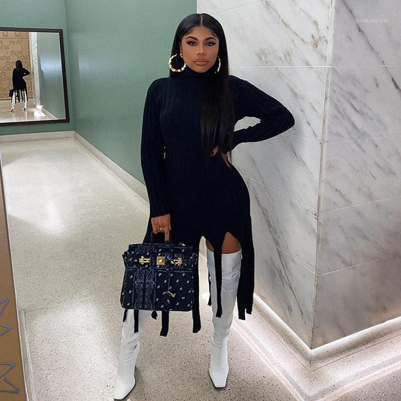 

Large Size Turtlenecks Tassel Dress Ribbed Knit Long Sleeve Women' Elegant Streetwear Solid Color Tight-fitting Irregular Dress1, Black