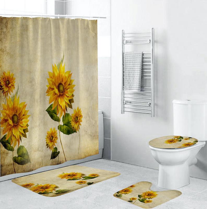 

Shower Curtains bathroom shower curtain set with mat set bathroom accessories Sunflower home washroom decor Non Slip 4PCS