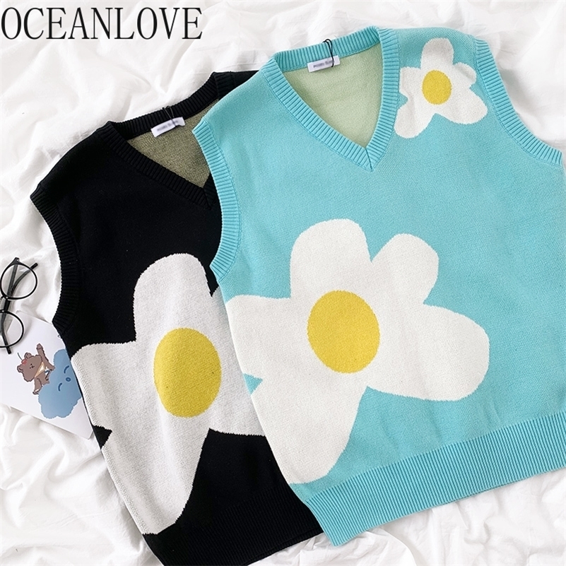 

OCEANLOVE Print Flower Kawaii Knit Vest Japan Style Ladies Clothes V Neck Autumn Winter Sweaters Women Pullovers 18075 201202, Light yellow