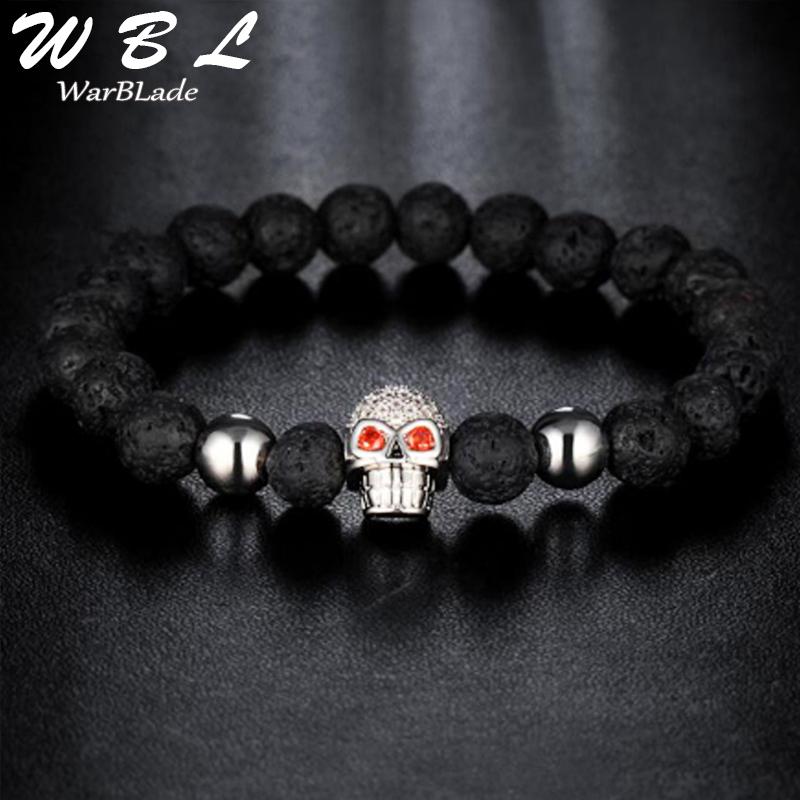 

WBL 2020 New Natural Stone Black Lava Beads Bracelet Mens Punk Skull Charm Bracelets Bangles Woman Fashion Male Jewelry Hot