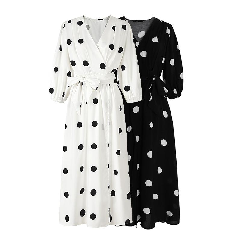 

PERHAPS U Black White Polka Dot Dress V Neck 3/4 Sleeve Maxi Long Dress Summer Casual Chiffon Sash D0561