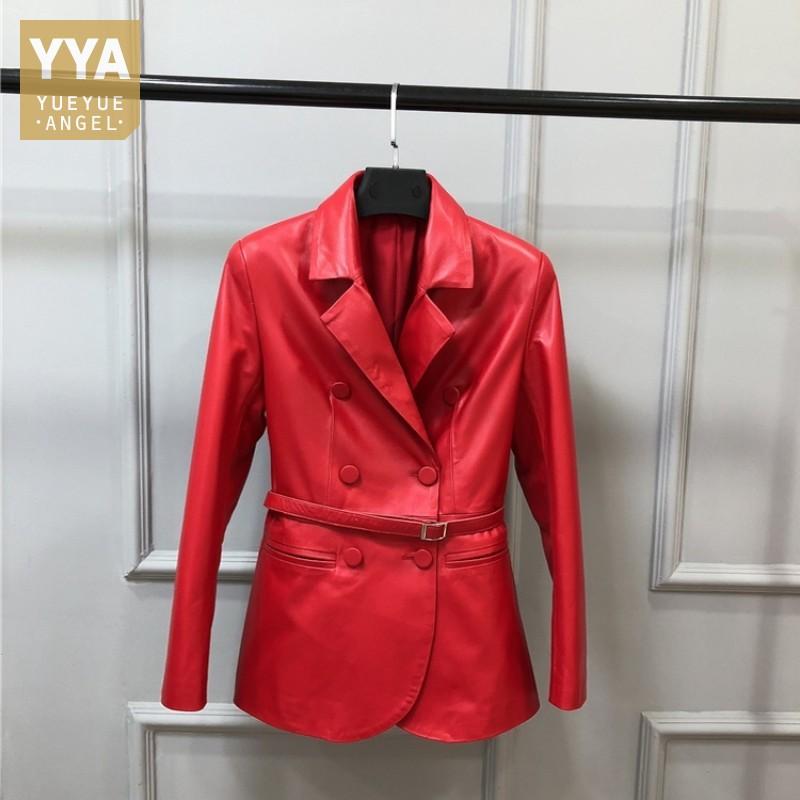 

Women Sashes Double Breasted Sheepskin Suit Coat Streetwear Retro Slim Fit 100% Genuine Leather Jacket Ladies Short Jackets, Black