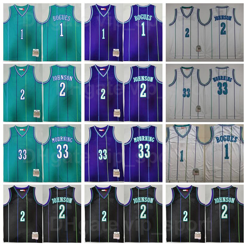 

Men Vintage Basketball Alonzo Mourning Jersey 33 Tyrone Muggsy Bogues 1 Larry Johnson 2 Green White Purple Sport Team Color All Stitch Good Quality, 1 purple