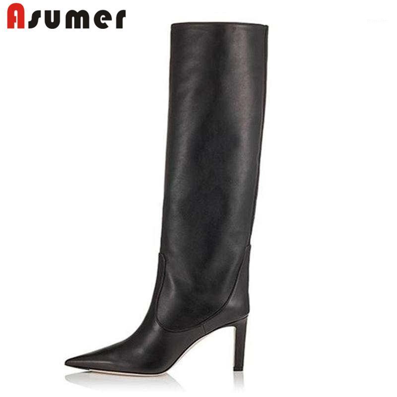 

ASUMER big size 34-43 fashion knee high boots pointed toe genuine leather boots slip on prom autumn winter crystal 20201, Gray with fur
