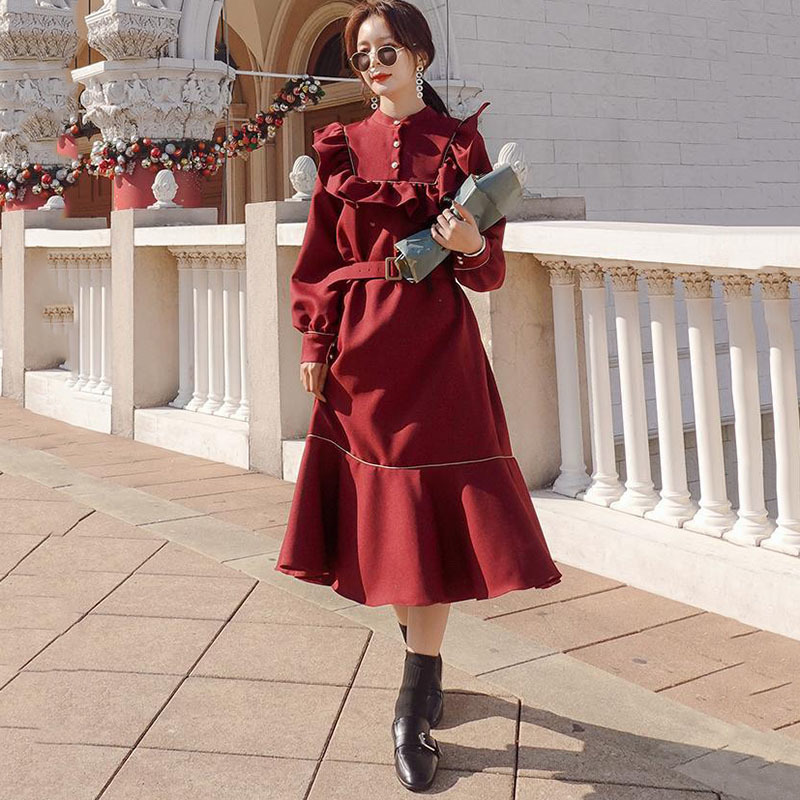 

2021 New Dressed Red Spring New Korean Fashion Long Retro Splicing Only Breasted Fishtail Shirt Hem Loose Female Dress1j Wtw7