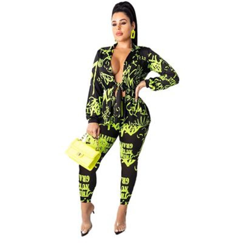 

Women Letter Pattern Sets Fashion Long Sleeve Cardigan Long Coats Trousers Suits Designer Female Autumn New Bandage Loose Casual Tracksuits, Green