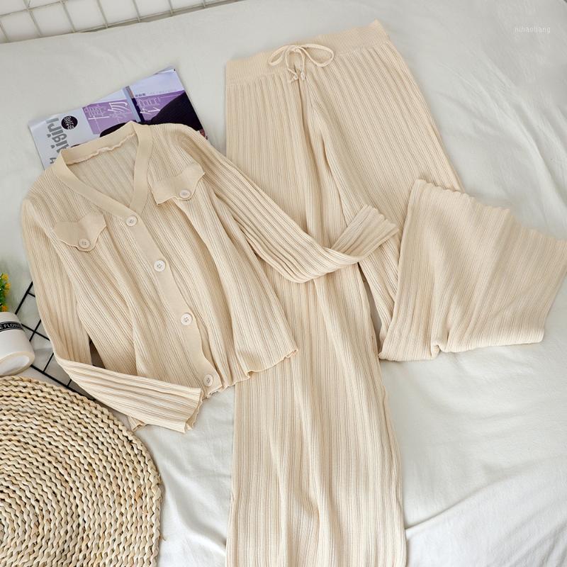 

New two-piece v-neck short cardigan top + high waist tight wide leg pants net red knitted suit women1, Blue