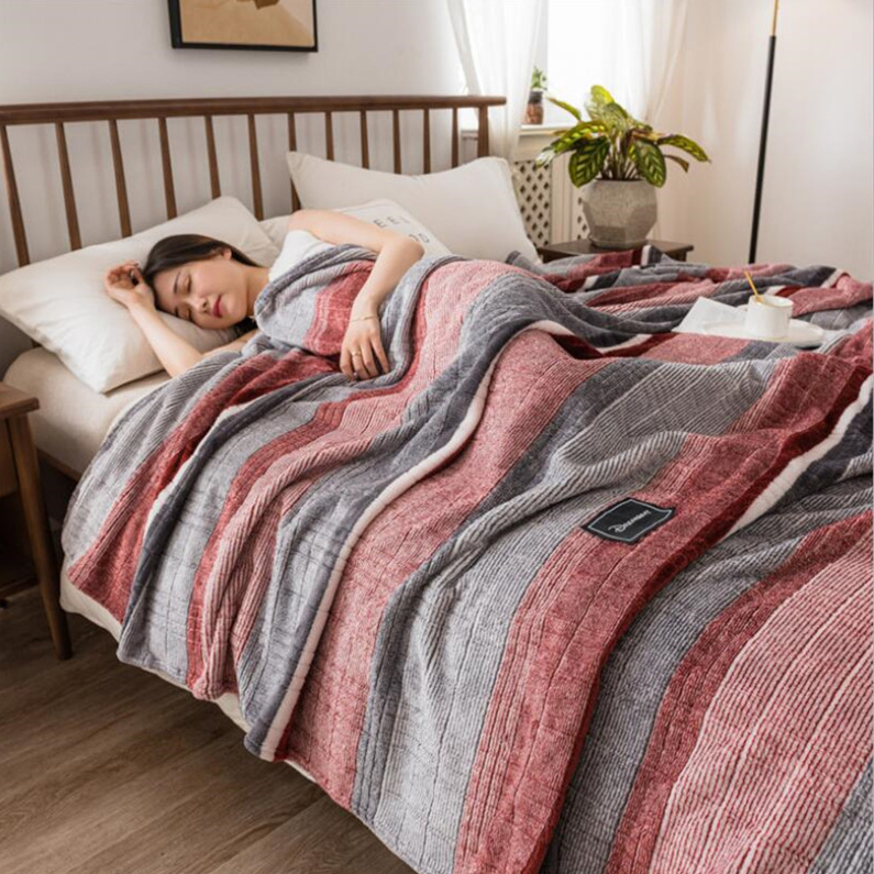 

Milk velvet striped office nap blanket coral velvet warm bedding