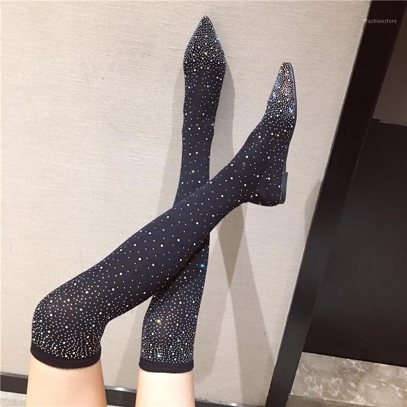

2020 Winter Spring Women Glitter Crystal Over The Knee Flat Boots Stretch Fabric Female Low Heels Long Sock Boots Bling Shoes1, Black