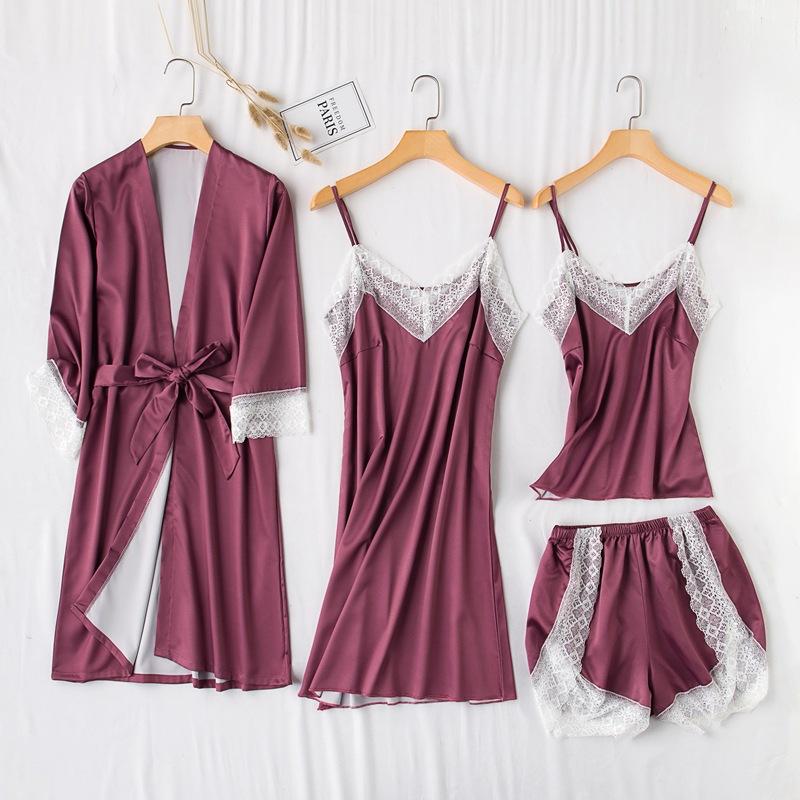 

Nightgown Sets Womens 4pcs Robe Suit Spring Sleepwear Wear Sexy Strap Nightwear Lace Sleep Kimono Bath Gown Homewear, Black - 2pcs