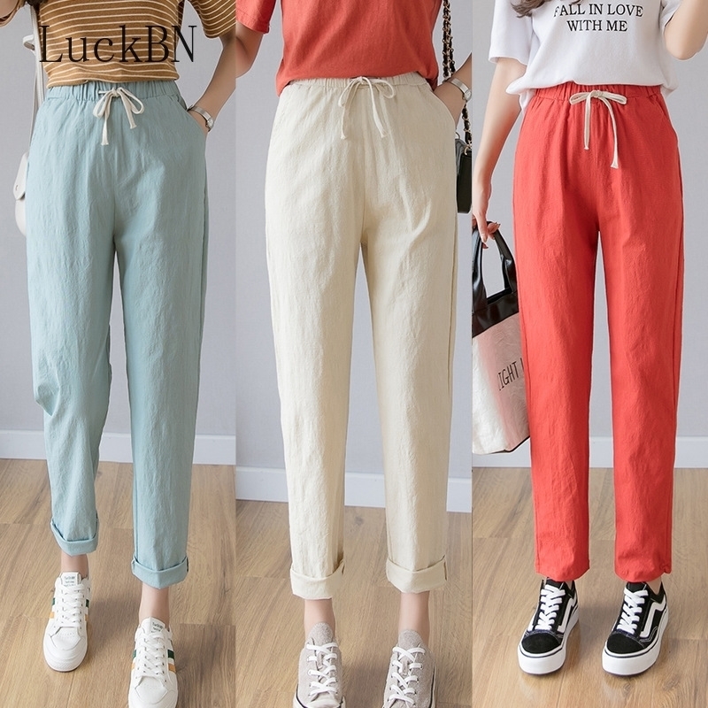 

Women Casual Harajuku Long Ankle Length Trousers Summer Autumn Plus Size Solid Elastic Waist Cotton Linen Pants Black Pants 201111, Sx03black