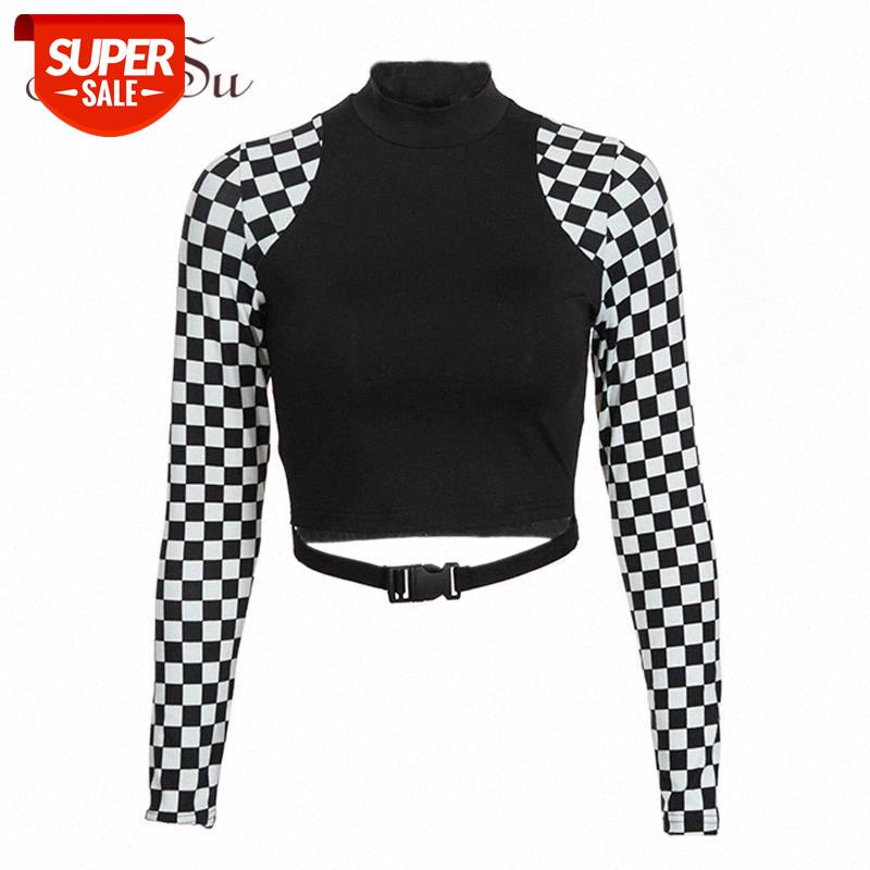 

ArtSu Checkerboard Long Sleeve Crop Top Turtleneck Buckle T-shirt Women Harajuku Tee Shirt Plaid Funny T shirt Femme ASTS20632 #JV5c, White