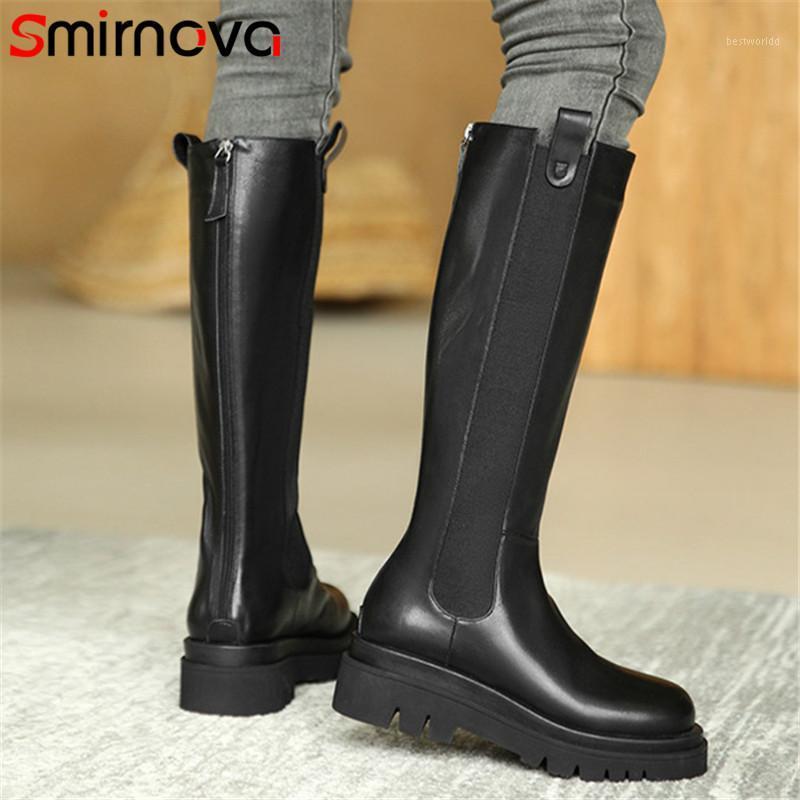 

Smirnova Genuine Leather Shoes Women New Knee High Boots Round Toe Autumn Winter Fashion Thick Bottom Women's Motorcycle Boots1, Black not fur