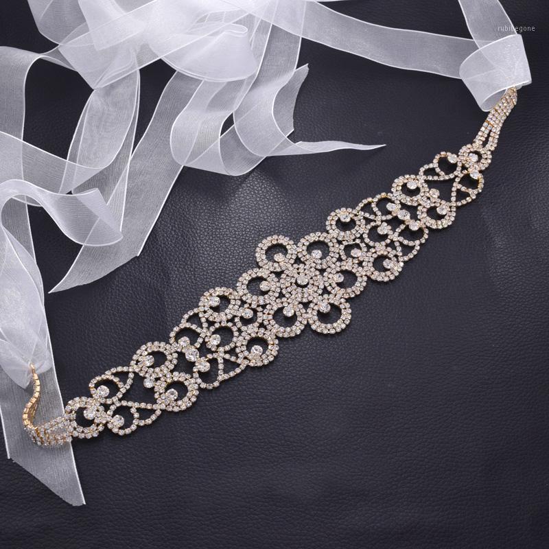 

Crystal Wedding rhinestone Accessories Satin bridal Dress Belt Ribbon Waistband flower Sash for Evening Prom gold plat BT-211