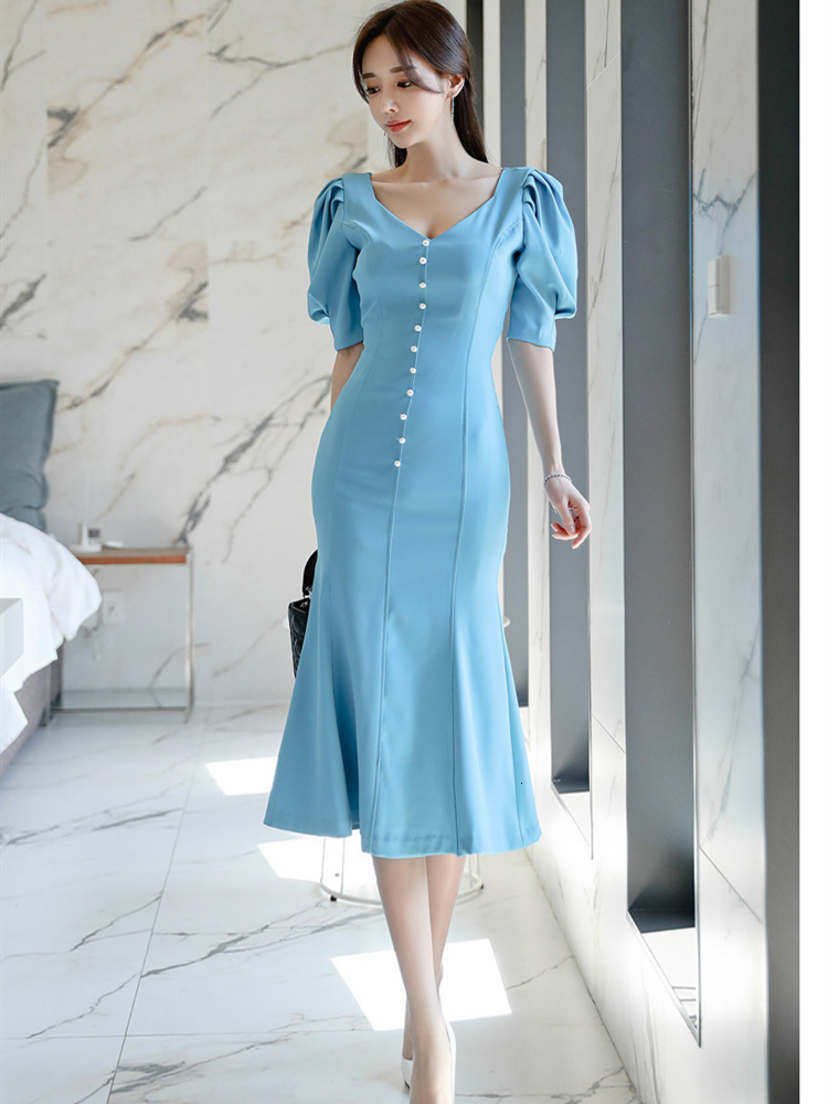 

2021 New Solid Color Office Lady Summer Short Sleeve High Waist Party Elegant Midi Female Fashion Women W1dx, Sky blue