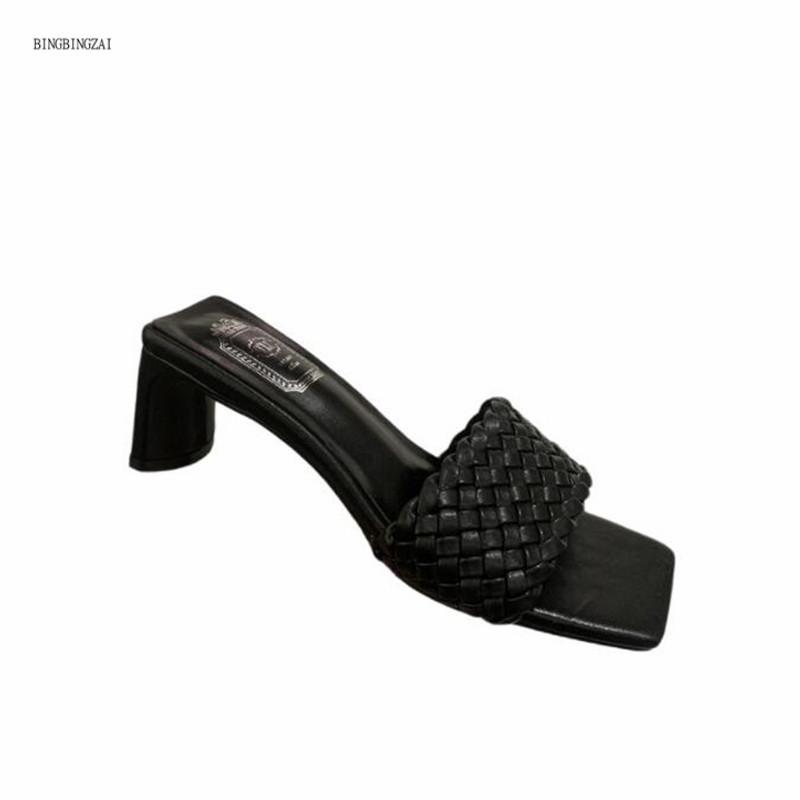 

2021 New Net Red Slippers Sexy Woven Ladies Sandals High Quality Square Toe Sandals and Slippers 6CM Thick Heels 4-7 8 BBZAI, Black