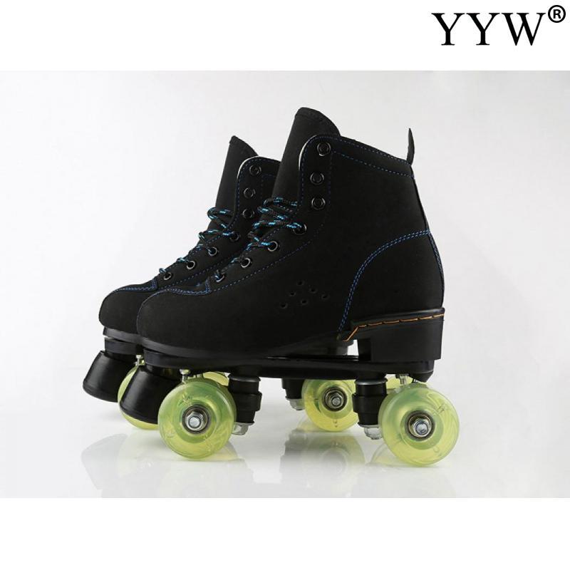 

flash roller skates blades for adult kids skate shoes sneakers cowhide roller skates man woman 4-wheel skating shoes 26-44 size, Black wheels
