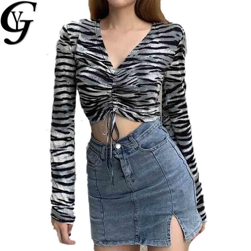 

Harajuku Ulzzang Zebra Stripped Women Cropped Tops 2020 New Arrival Long Sleeve Wrap Blouse Female Casual Elastic Women Shirts, Gray