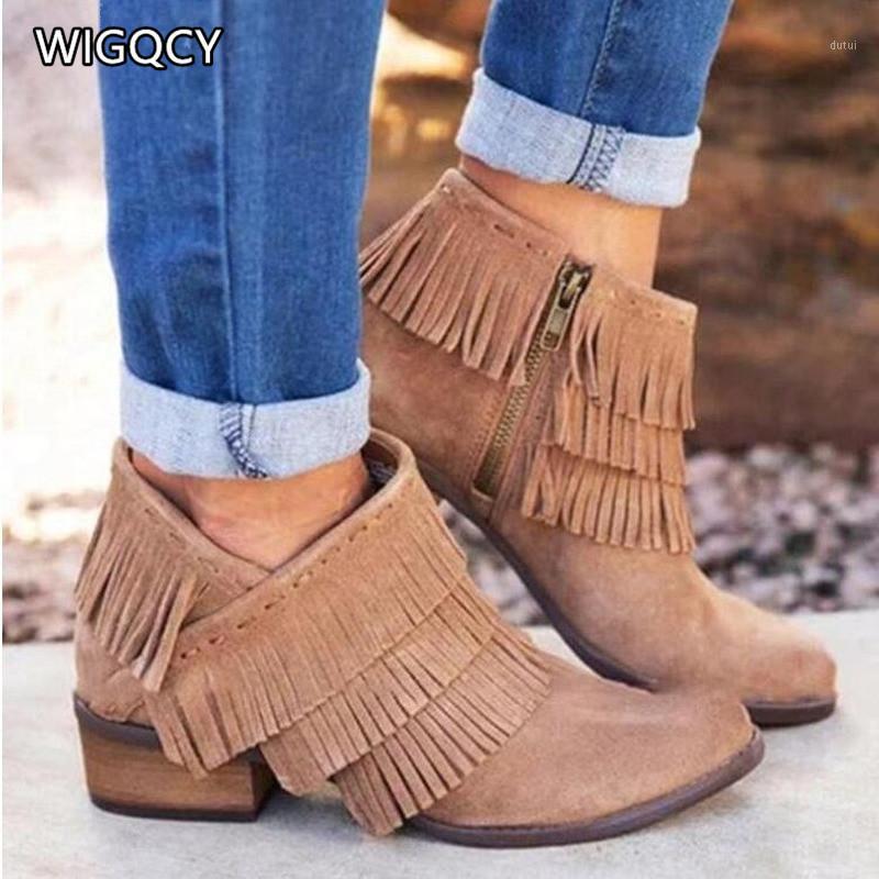 

2020 Autumn Winter New Women's Tassel Retro Women's Boots Fashion Large Size 43 Low-Heel Short Boots Roman W1101, Black