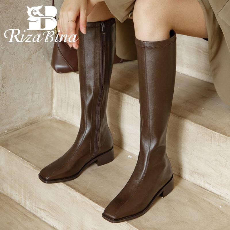

RIZABINA Real Leather Women Knee Boots Flats square Toe Zipper Shoes Warm Winter Boots Women Fashion Footwear Size 33-40, Black1