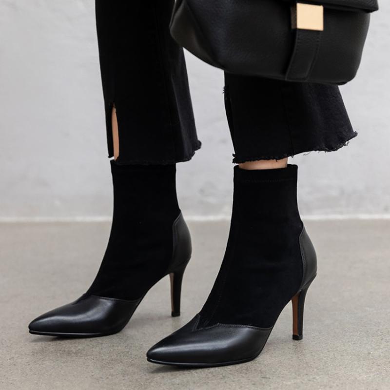 

new winter ankle boots women's shoes genuine leather gorgeous stretch pointed toe office lady ankle boots femme, Black