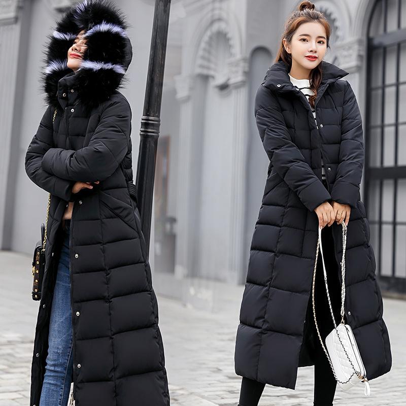 

Winter New Style Women's Black Thickened Cotton Padded Coat Long Big Hairy Collar Red Parka Warm Down Cotton Jacket