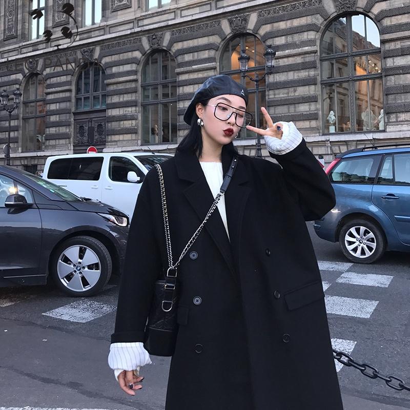 

Women' new woolen Coat Double-sided single buckle minimalist woolen Hight Quality overcoat, Black