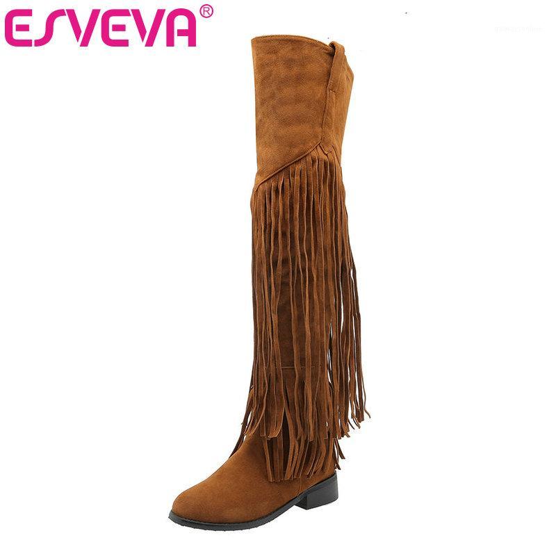 

ESVEVA 2020 Women Women Over The Knee Boots Winter Boots Flock Square Low Heel Tassel Fashion Motorcycle Size 34-431, Black