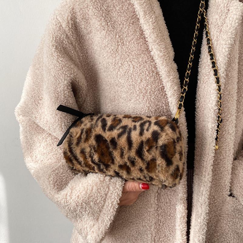 

Stiletto bag women's bag plush leopard print one-shoulder 2021 new simple autumn small female Korean version women's, Khaki