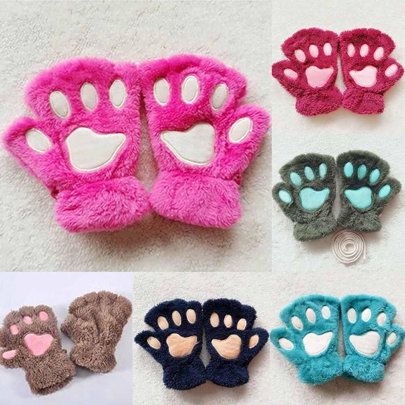 

2020 New 1 Pair Winter Women Cute Cat Claw Plush Mittens Short Fingerless Half Finger Gloves1
