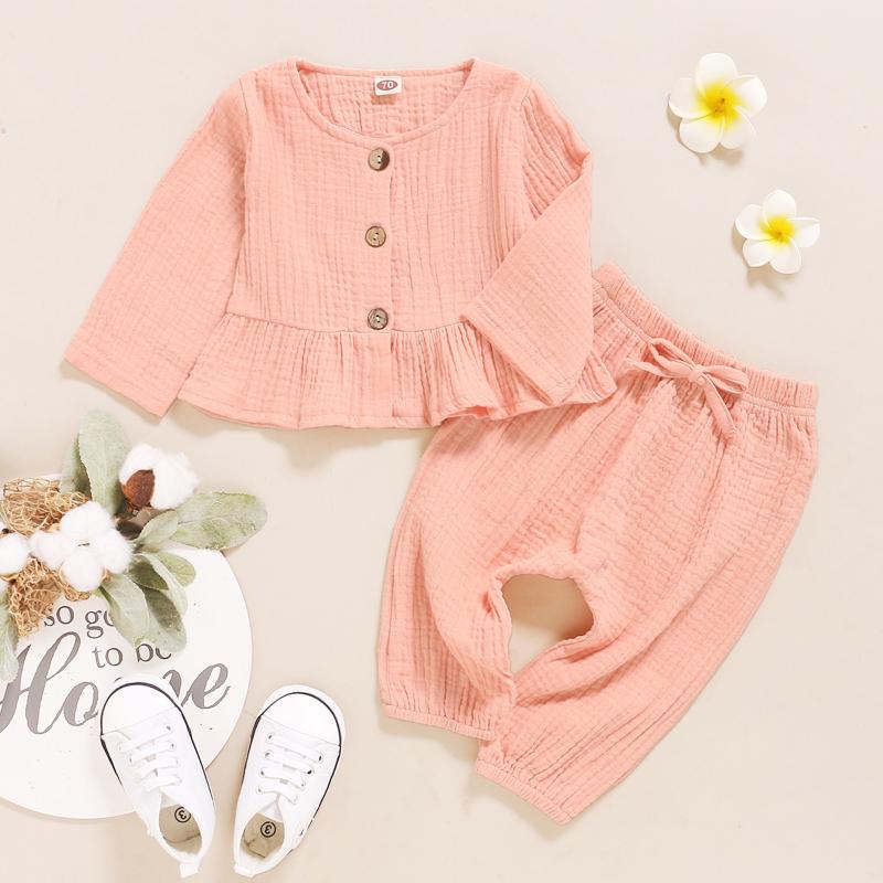 

Baby Girls Spring Suit Linen Cotton Kids Clothes Set For Children's Tops+Lacing Solid Pants Sets Pink 3-24 Months Infant Outfits