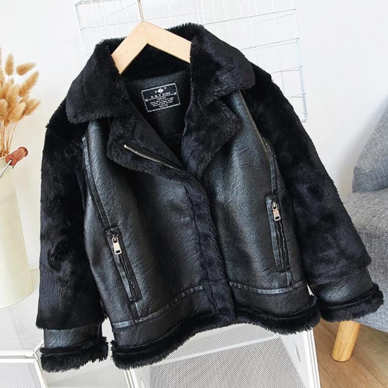 

Winter Children's Faux Fur Coat Fur Stitching PU Leather Jacket Boys Girls Thicker Warm Outerwear modis Kids teens jacket Y1842, Black