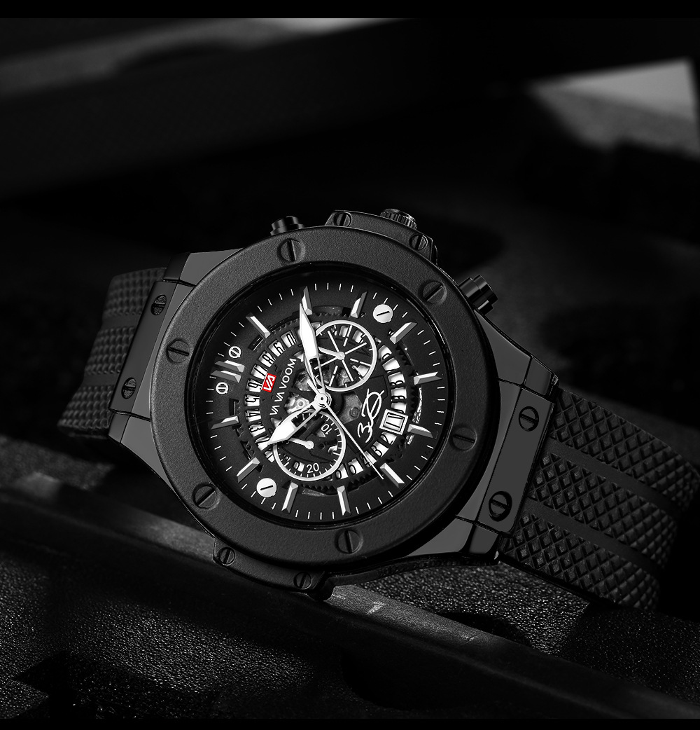 

Promotional Men's Sports Watch Hollow Design Calendar 30M Waterproof Silicone Fashion Watch Brand Design Factory Direct Sales, Face black