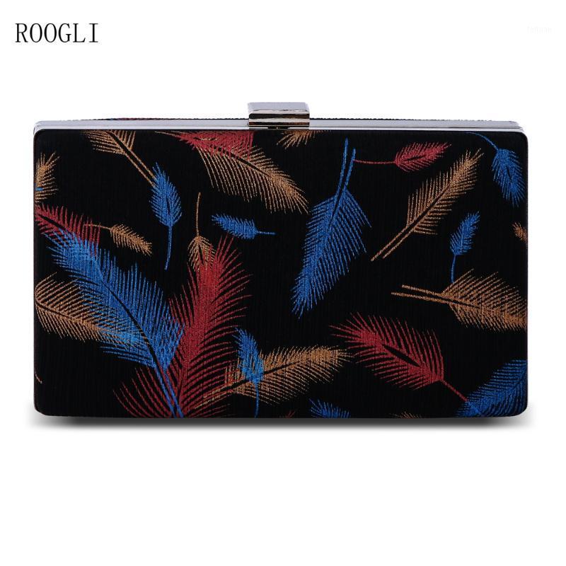 

ROOGLI 2020 new women's evening bag black clutch bag feather pattern shoulder wedding party diagonal1, Yumao