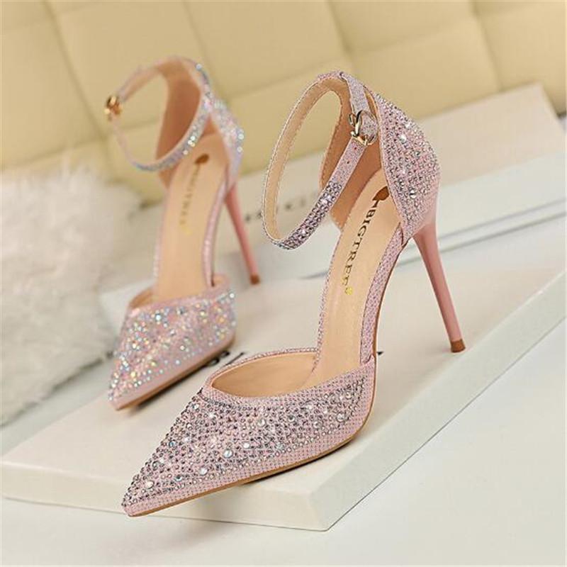 

Sweet High Heels Stiletto High Heel Shallow Mouth Pointed Hollow A Shiny Rhinestone Women Sandals Heels Sandals Women Shoes, 283-162