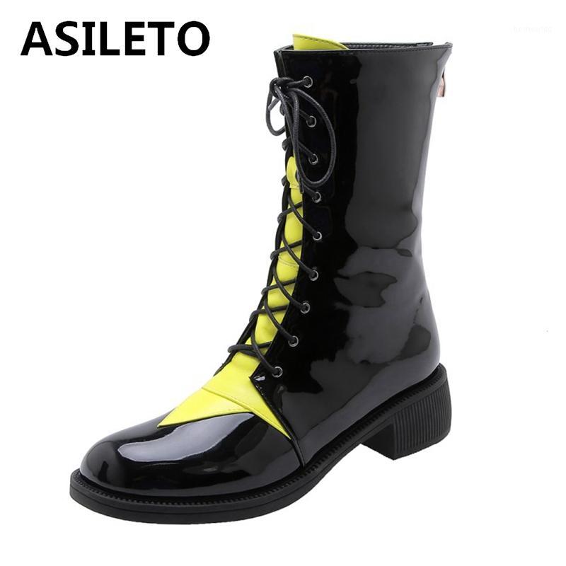 

ASILETO New Fashion Woman Mid calf Boots Round Toe Square Heel Back Zipper Cross-tied belt Buckle Large size 33-48 Casual S17611, Black blue
