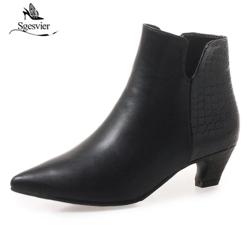 

Sgesvier Autumn New Black Pointed Toe Boots Women Med Heel Ankle Boots Motorcycle Zip Ladies Shoes Plus Size 32-46 OX754
