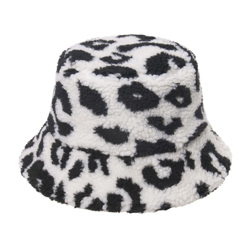 

Wide Brim Hats Female Winter Faux Lambs Wool Bucket Hat Leopard Windproof Warm Fisherman Cap R7RF, White