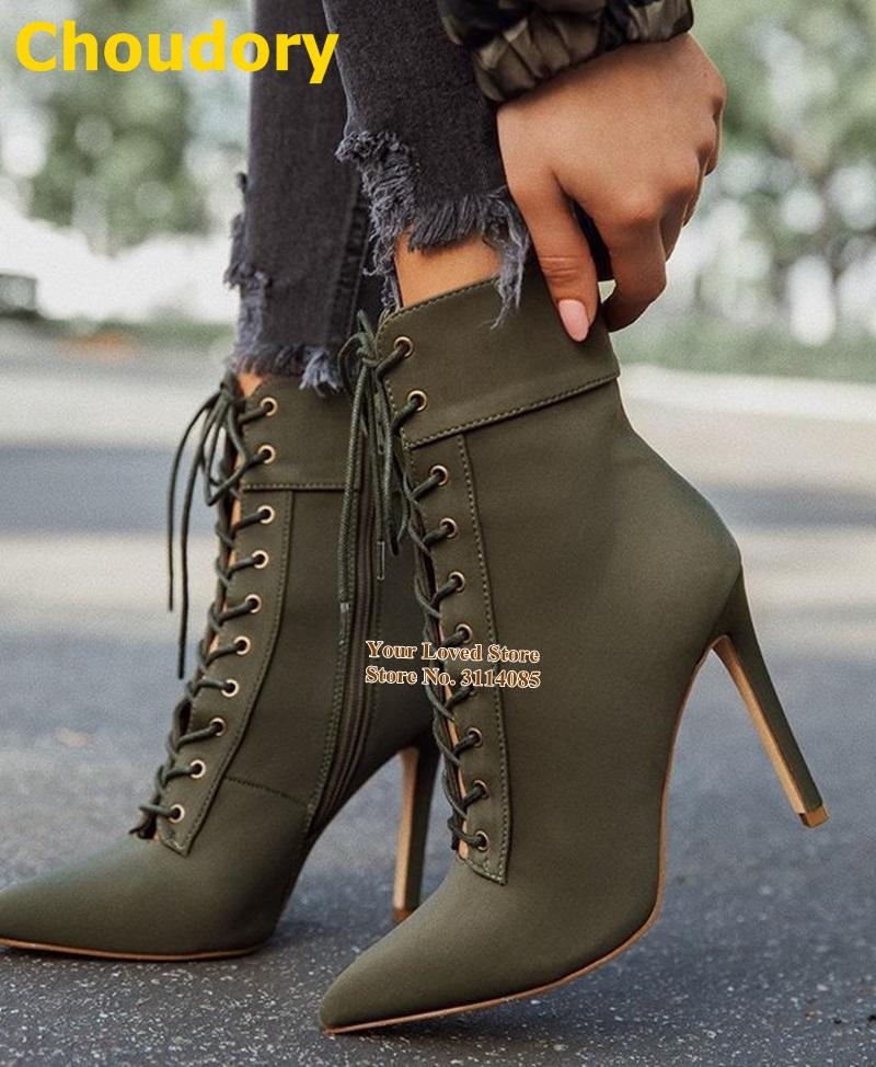 

Choudory Green Satin Cloth Ankle Boots Thin High Heel Pointed Toe Short Booties Graceful Lace-up Motorcycle Boots, Army green