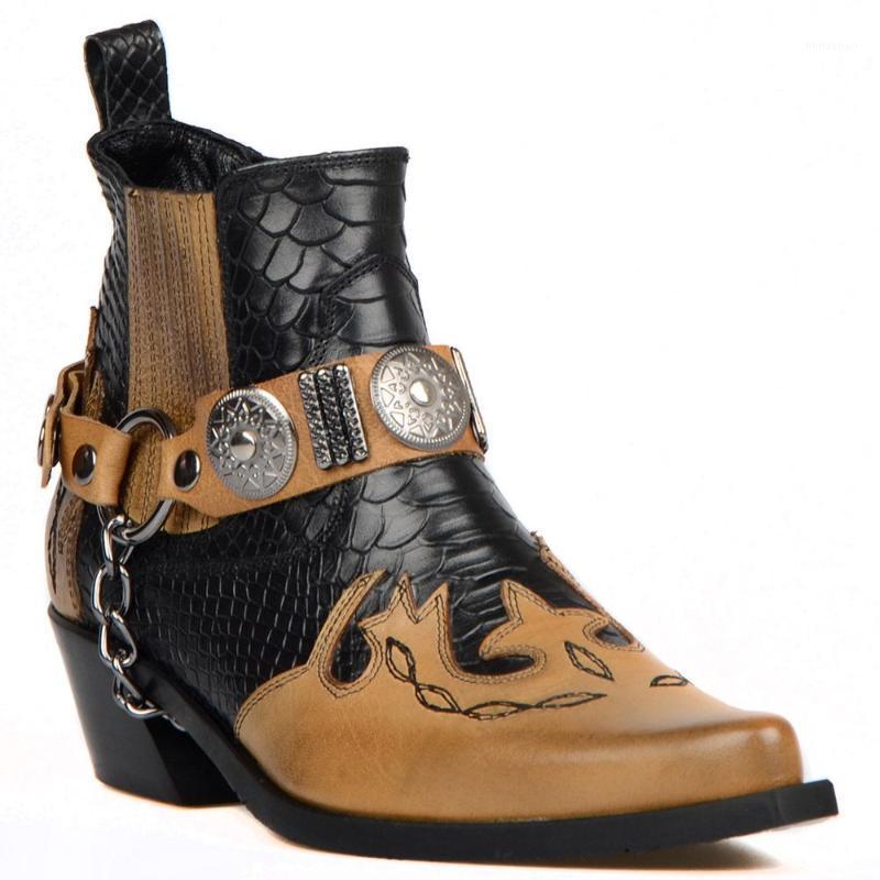 

FootCourt- Tan Black Cowboy Ankle Boots Genuine Printed Leather Pointed Toe Low Heel Stretch Boots Designer Shoes Handcraft Boo1, Brown