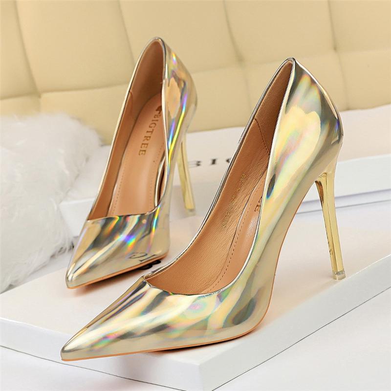 

Glossy Patent Leather Pointed Toe Women Pumps Fashion Party Shoes Women Sexy High Heels Shoes Thin Heel 's Wedding, Black