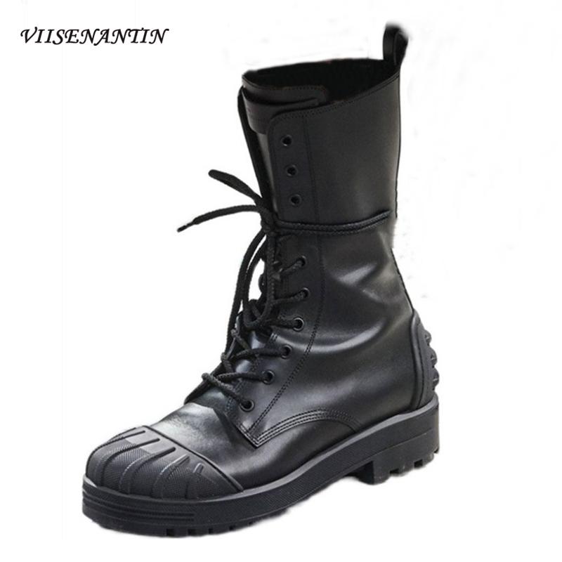 

European American Brand Designer Low-heeled Western Cowboy Boots Cowhide Lace Up Boots Handsome Women Platform Mid-calf, Black