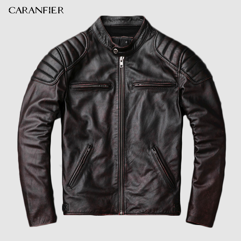 

CARANFIER Men Genuine Cow Leather Jacket Fashion Stand Collar Motorcycle Biker Jacket Vegetable Tanned Goatskin Winter Coat C1021, Brown