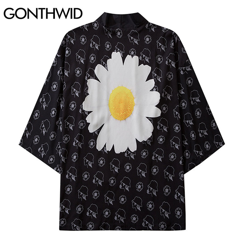 

Floral Kimono Cardigan Jackets Daisy Flowers Print Japanese Yukata Jacket Sunscreen Shirts Harajuku Casual Shirt Tops, Kg-1