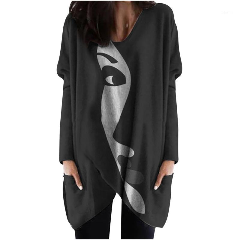 

Plus Size Abstract Print Long Sleeve Round Neck Casual Pocket T-shirt Top Women Christmas Harajuku Print T-shirt Ropa De Mujer1, Black