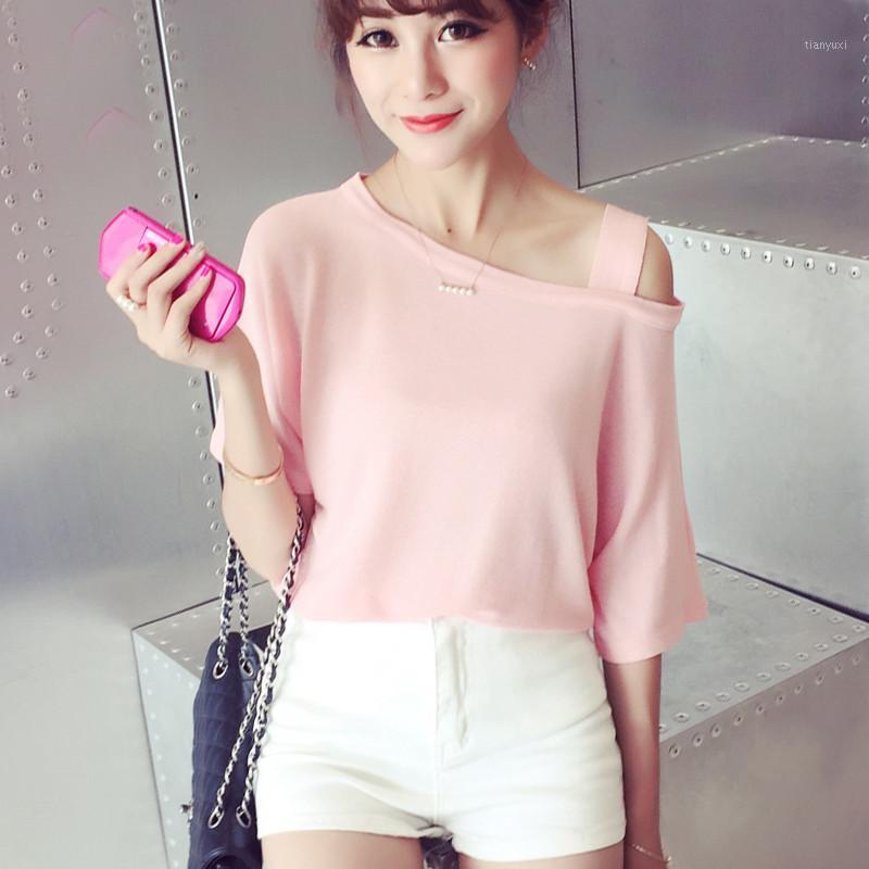 

Women's T-Shirt Wholesale-2021 Women Sexy T Shirt Summer Crop Top One Shoulder Off Irrerular T-Shirts Female Candy Color Short Sleeve Tops T, Pink
