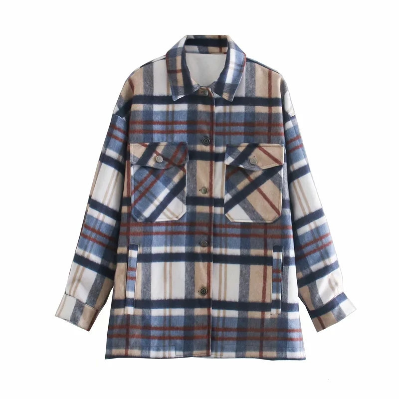 

2021 New Blue Patch Pockets Plaid Jacket Women Autumn Winter Lapel Collar Long Sleeve Button-up Jackets Ladies Casual Overshirt Dr8q